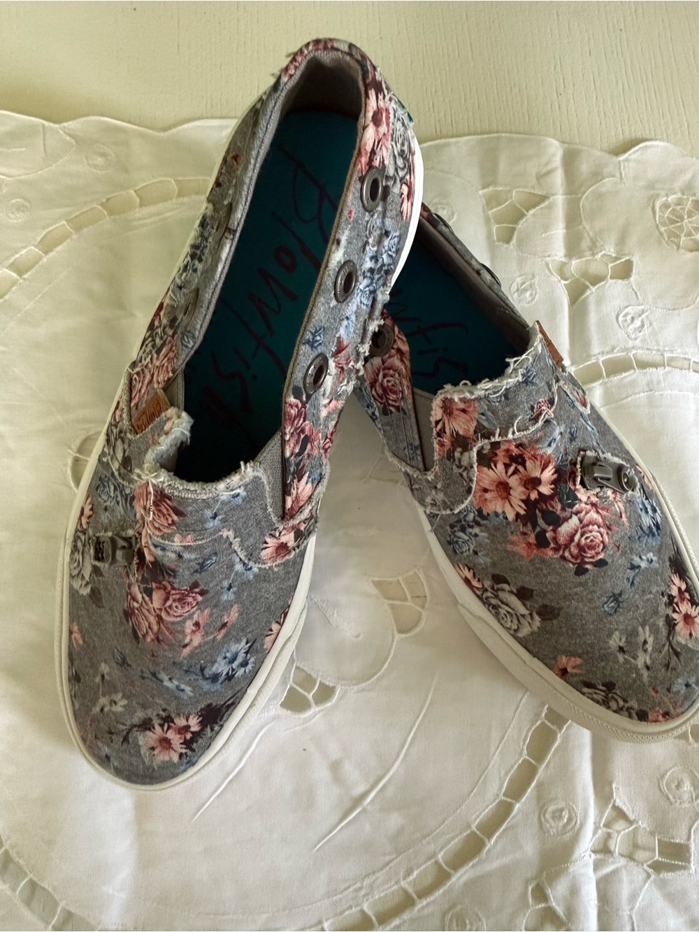 Blowfish Floral Gray Slip-On Sneakers with Pink and Blue Accents - Picture 2 of 4